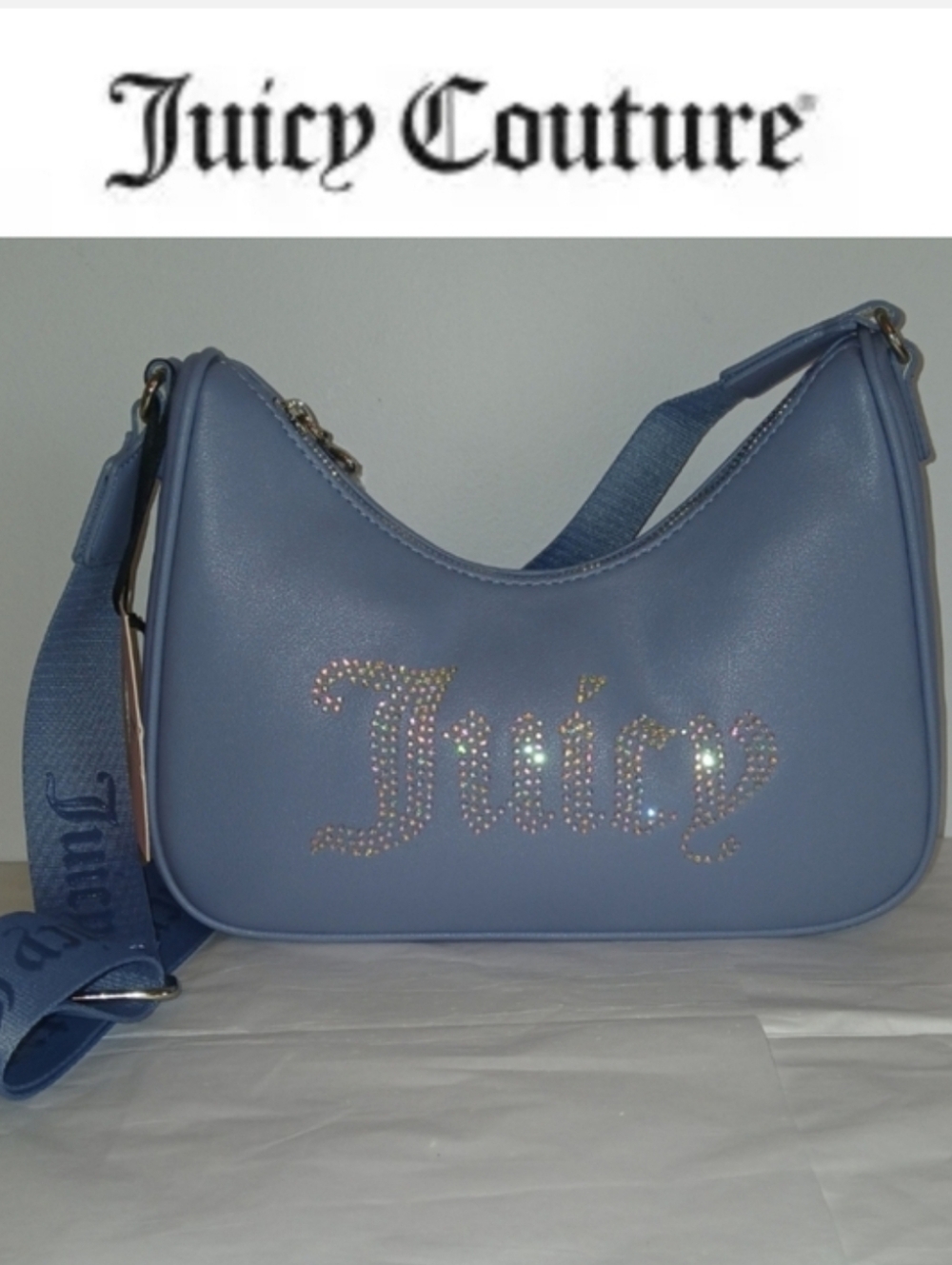 Juicy Couture Obsession Rhinestone Logo Crescent Crossbody Bag, Slate Blue